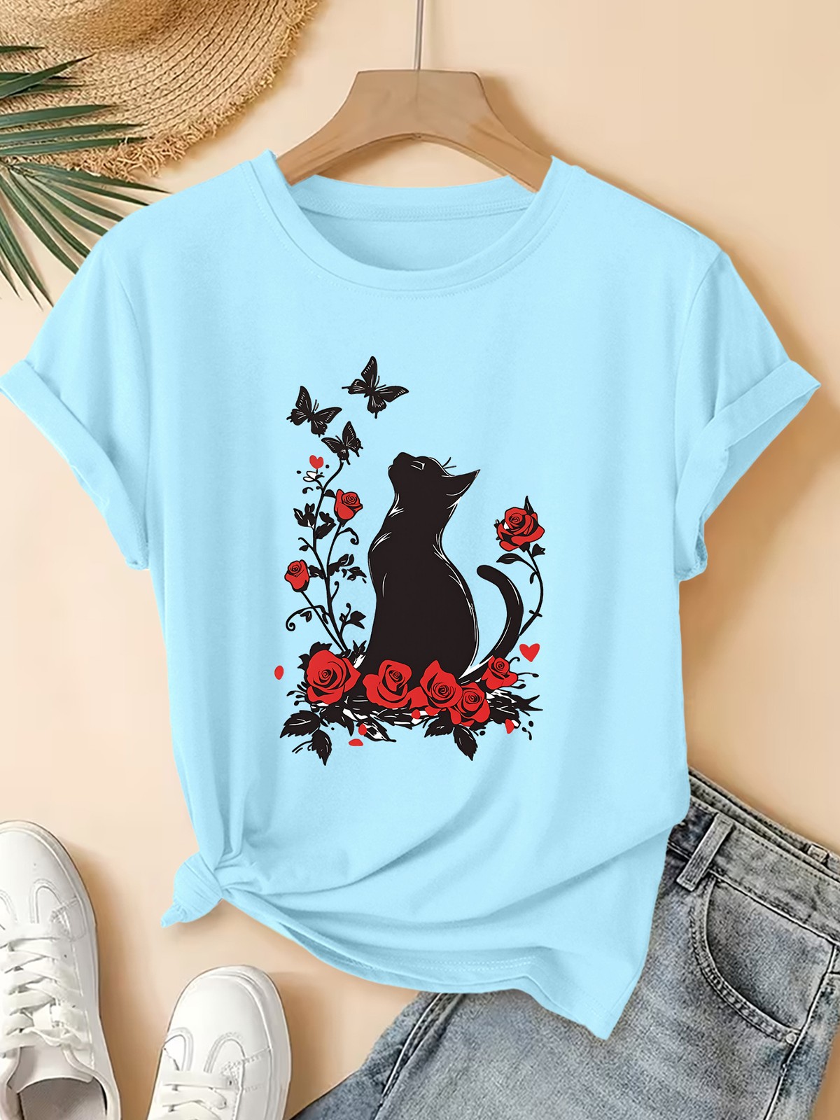 Summer Women’S Round Neck Short Sleeve T-Shirt Cat Butterfly Print Casual Top▧