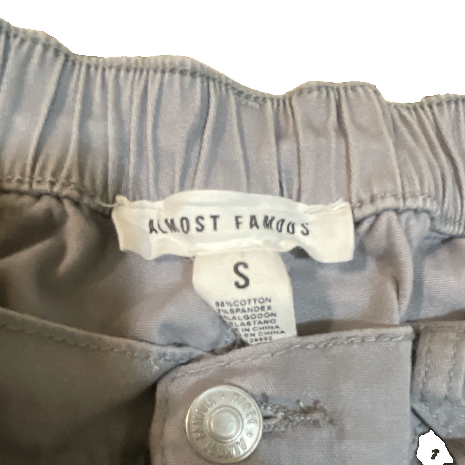 Almost Famous Women’s Gray Cotton Spandex Cargo Pants, Elastic Waist, Pockets S