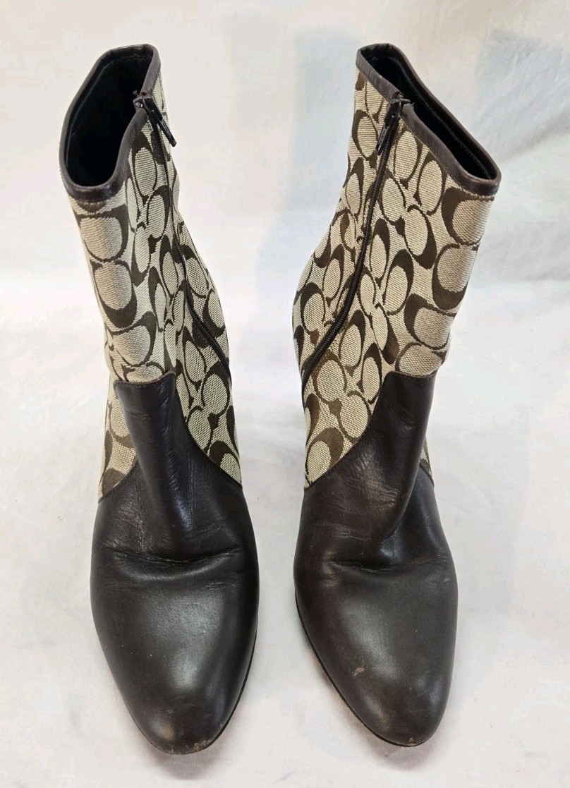 COACH Women’s 10B Brown Leather Coach CC Logo Monogram Low Calf Boots