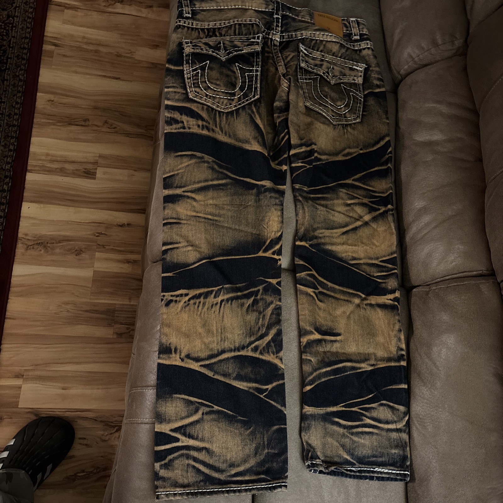 TRUE RELIGION Jeans Men’s 40 Tiger Stripe Blue Denim Thick Stitch Flap Pocket