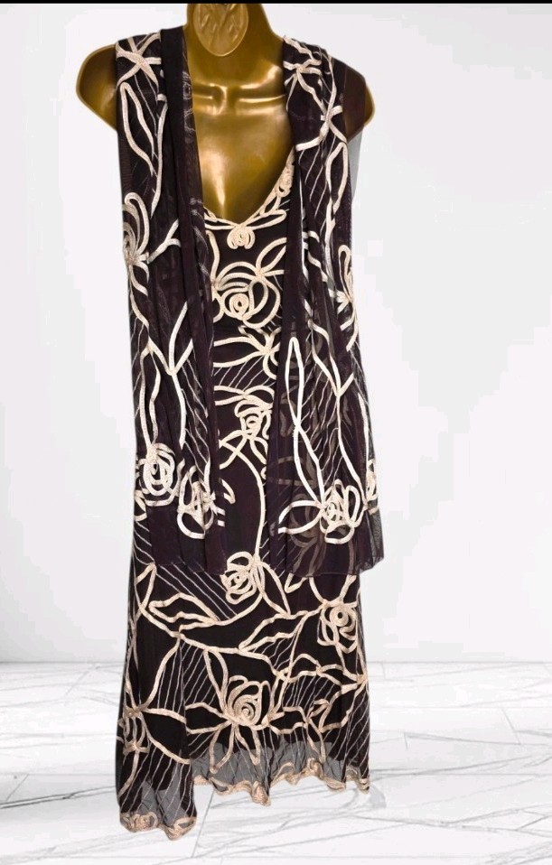 Phase Eight Brown & Cream Tapework Embroidered Occasion Dress + Shawl Size 12
