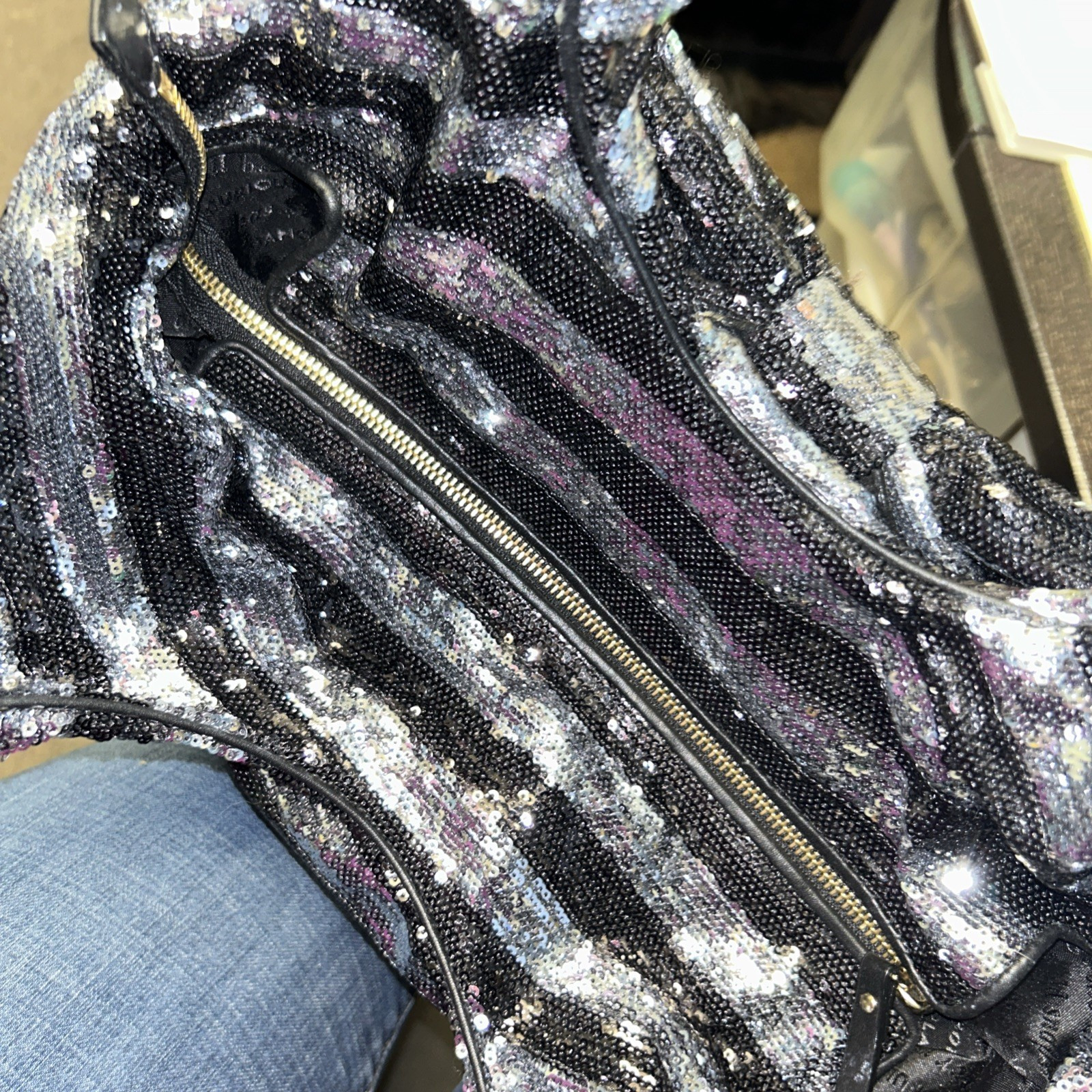 Kate Spade Night Sky Handbag LG NWT Vintage Black Silver Sequins Striped Bowtie