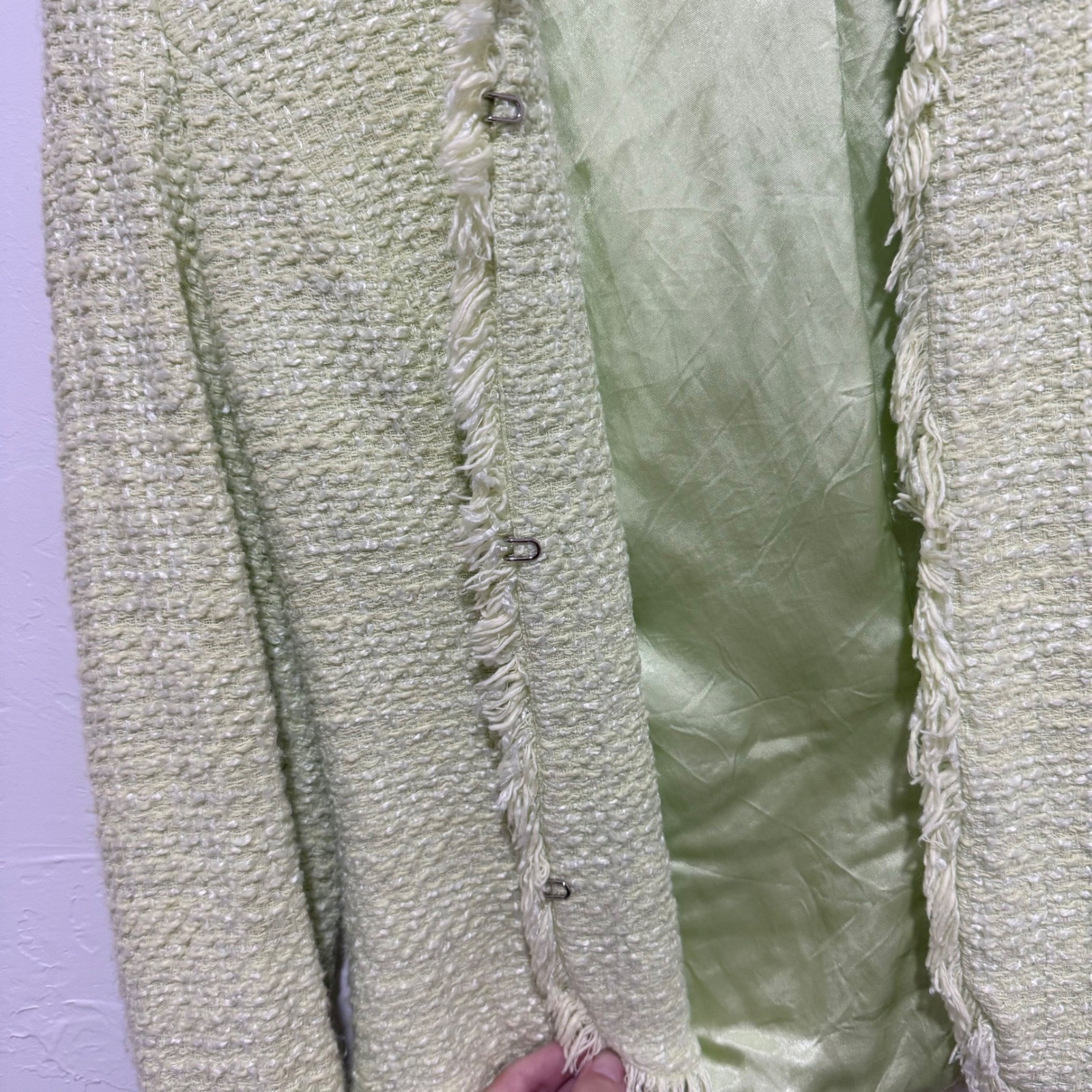 Nordstrom Studio 121 Lime Green Tweed Blazer Fringe Trim Open Front Jacket