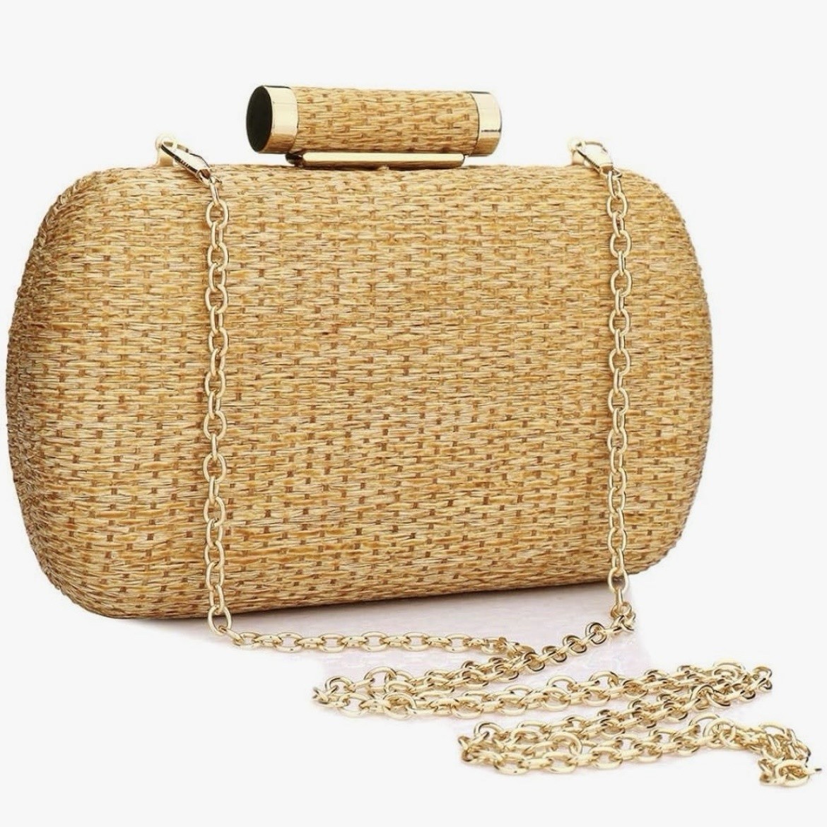 Natural Woven Clutch Handbag Gold Chain Strap Top Handle Buckle Party Women