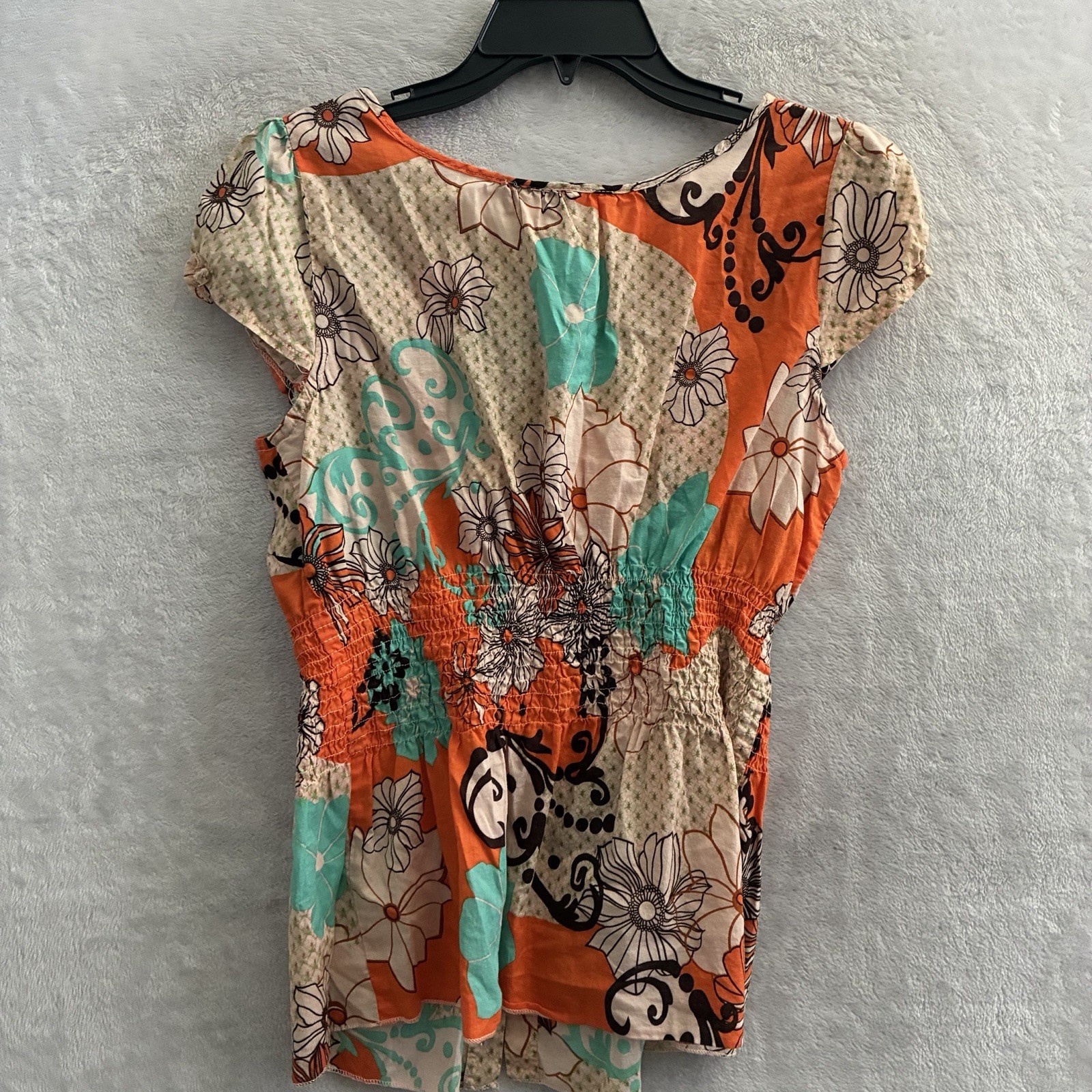 Unique Spectrum Womans Blouse Top Orange Floral Large Cotton Short Sleeve