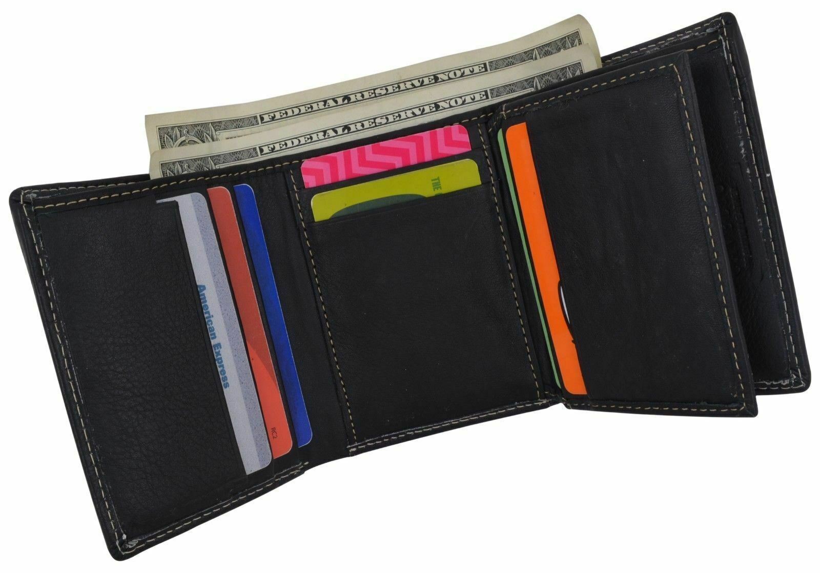 Trifold Mens Premium Leather Credit Card ID Holder w/ Bill Pockets Black Wallet