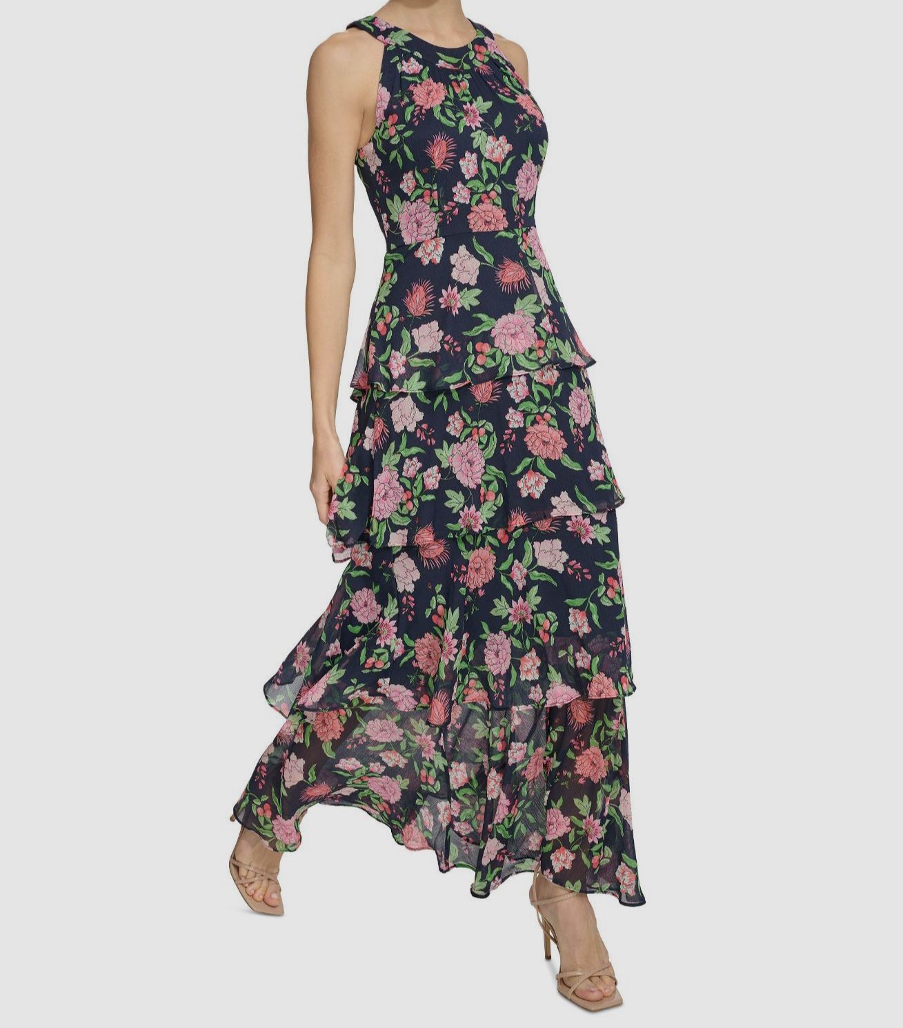 Tommy Hilfiger Women’s Blue Chiffon Floral Ruffled Halter A-Line Dress Size 8