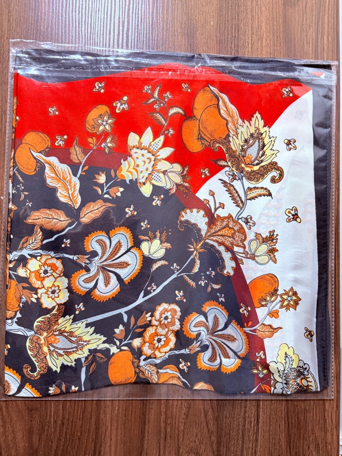 Elegant Floral Satin Polyester Square Scarf in Red, Black, White, and Brown –