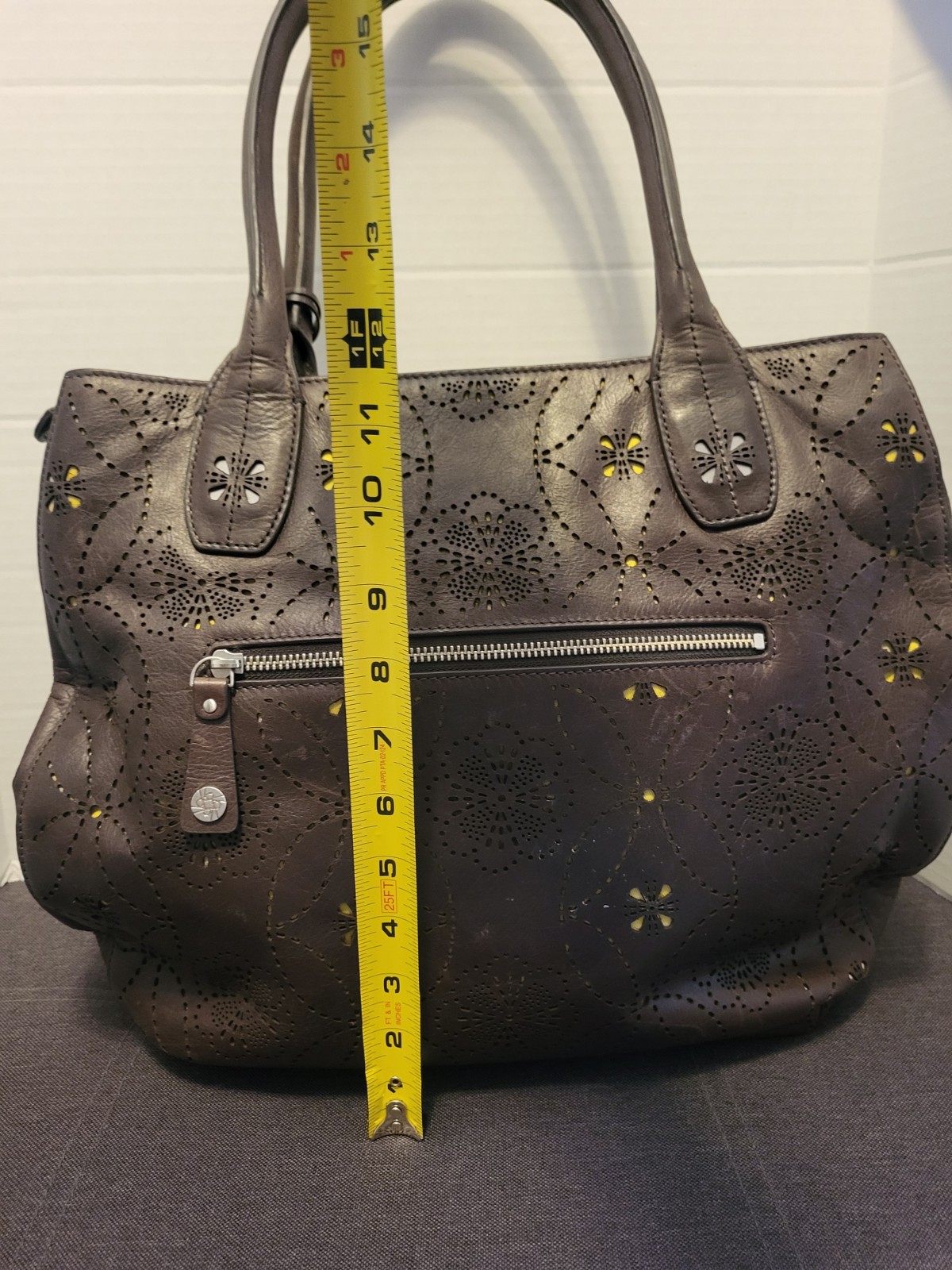 Petunia Pickle Bottom Brown Leather And Sepia Tote Handbag Purse Cutout Floral