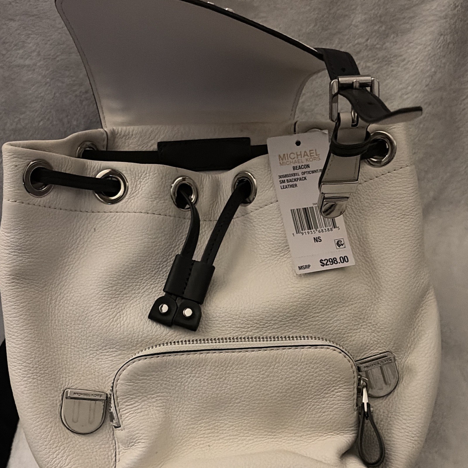 Michael Kors White/Black Medium Backpack Drawstring Pebbled Silver Hardware