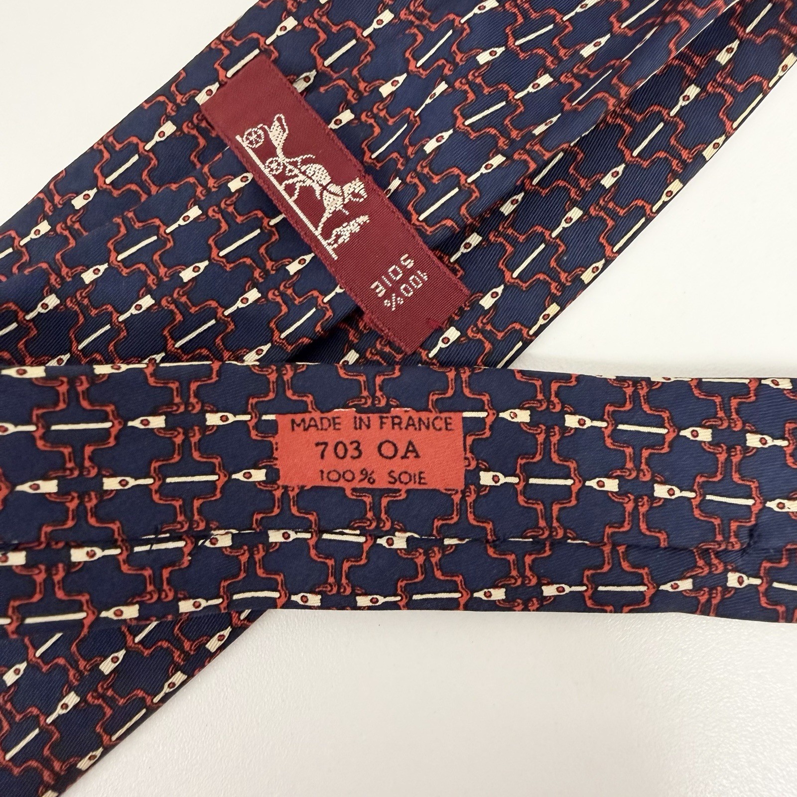 Hermes Men’s Tie Chain Links Navy/Red/Khaki Silk 703 OA 3 1/8″ (W) x 55″ (L) euc