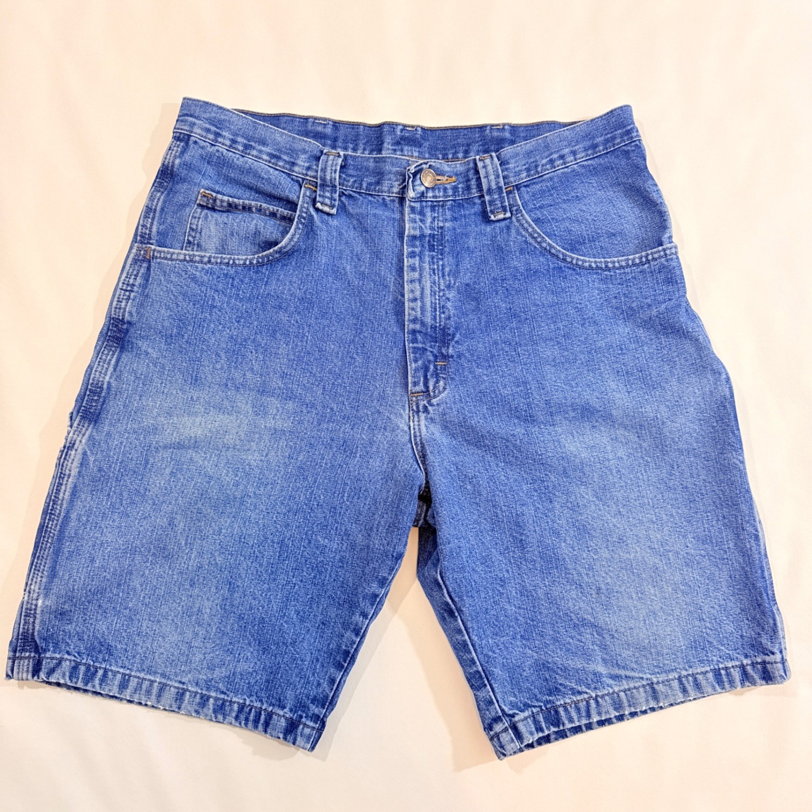 Wrangler Carpenter Shorts Men 34 Blue Good Denim Utility Workwear Hammer Loop