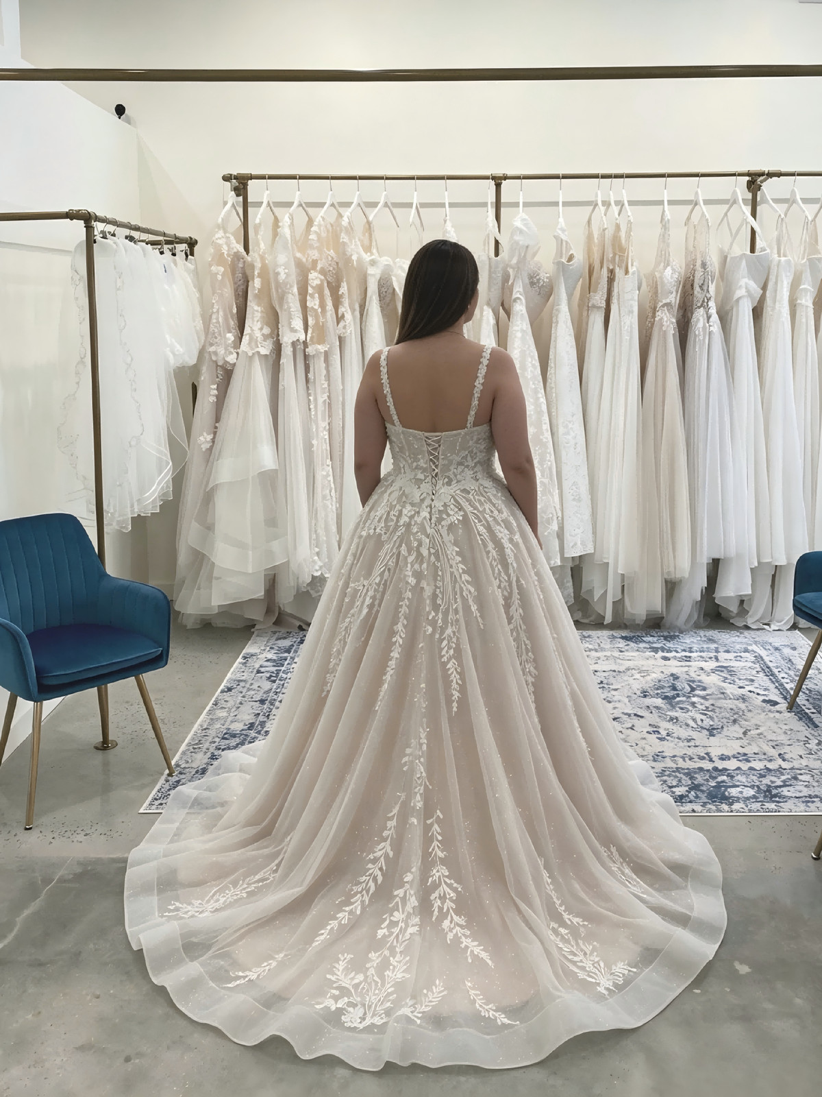 Plus Size Square Neck 3D Floral Lace Ball Gown Sparkle Tulle Train Wedding Dress