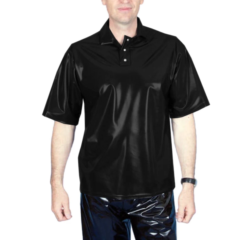 Men’s PVC Wet Look T-Shirt Turn Down Neck Button Everyday Wear Casual Loose Top