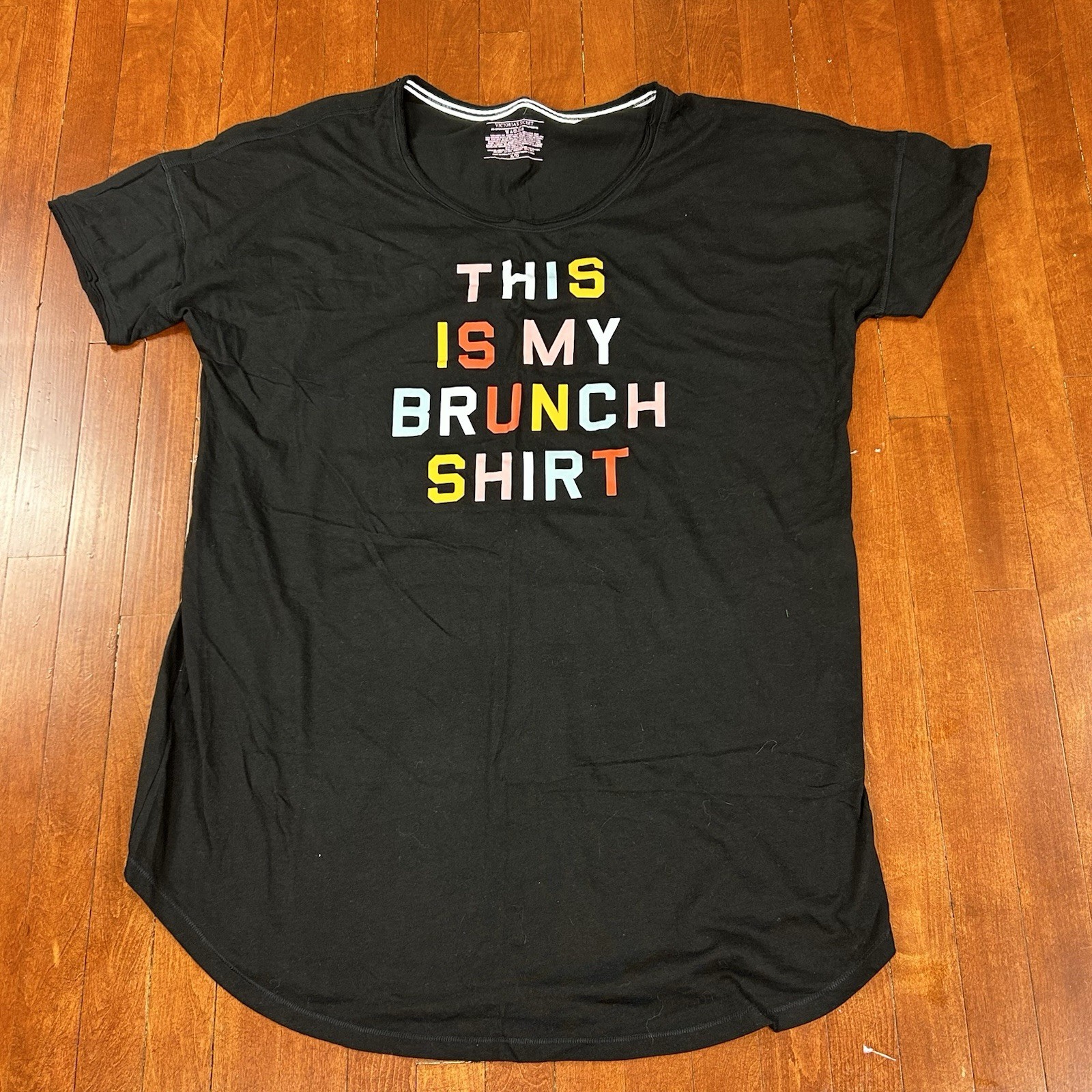 Victoria’s Secret Womens XL Black Short Sleeve Sleep Shirt Brunch Shirt Colorful