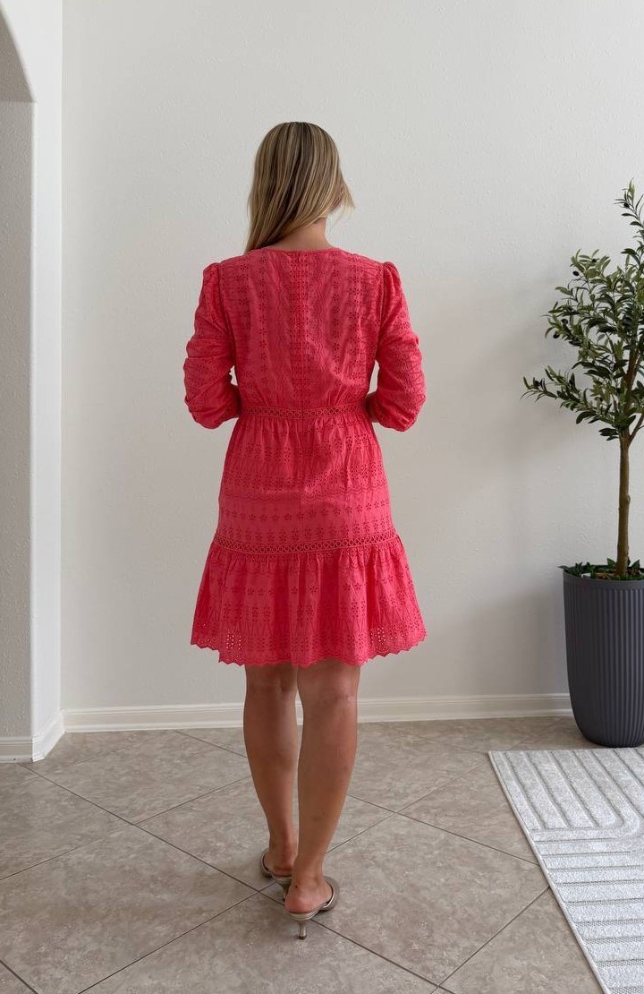 J.Crew Pink Eyelet Cotton Tiered Mini Dress Women’s 4 Long Sleeve Slip Lined
