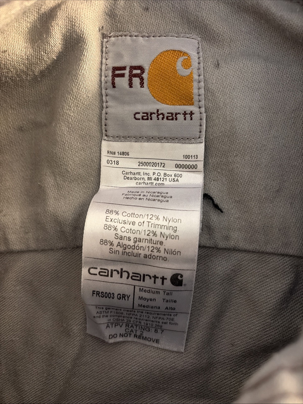 Carhartt FR Shirt Mens Medium Tall Gray Flame Resistant Long Sleeve Workwear