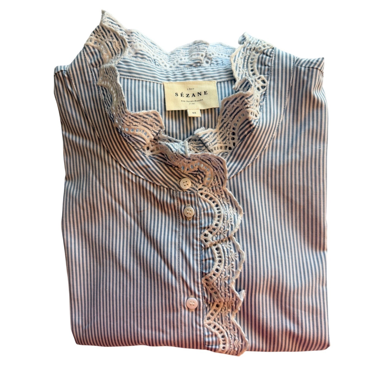 SÉZANE Blue Striped Chlo Blouse Lace Trim Romantic Cottagecore Shirt US Size 16