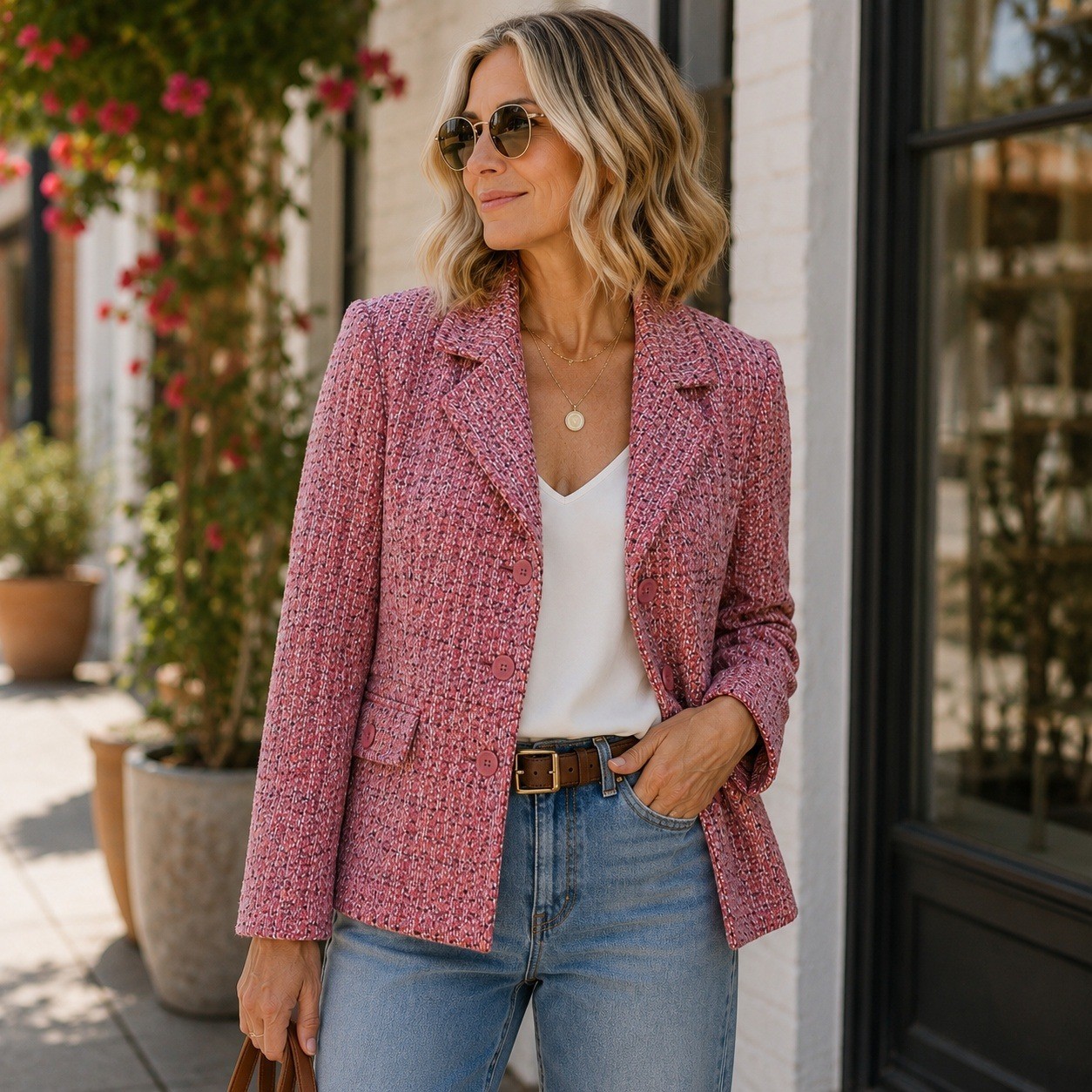 Talbots Tweed Blazer Women 16P Pink Italian Fabric Wool Blend Preppy Chic Office