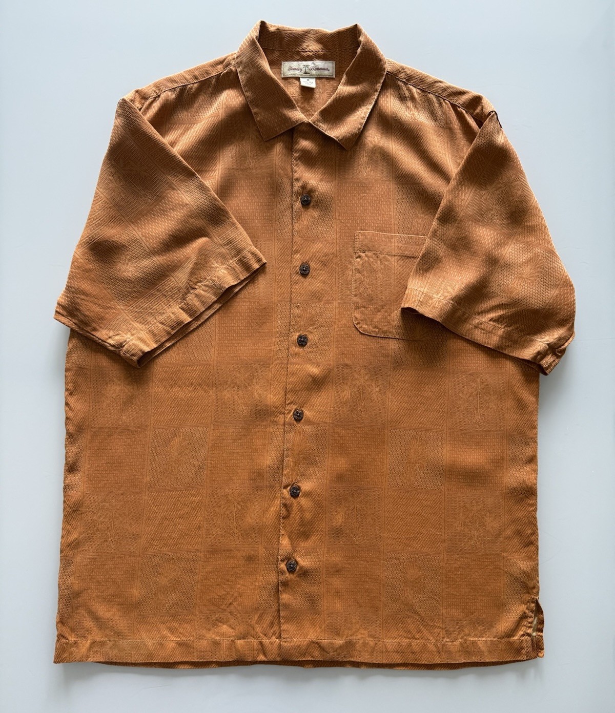 Men’s Medium Orange Tommy Bahama Silk Button Up Palm Tree Pineapple Pattern
