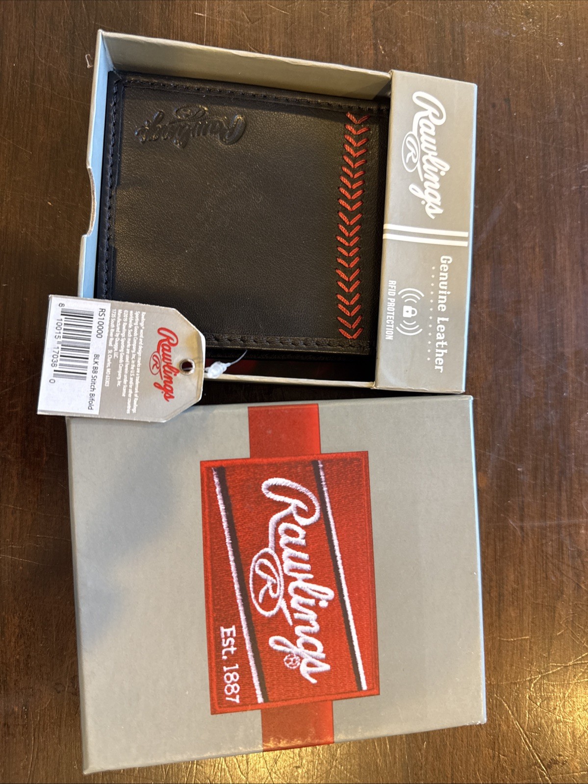 NEW NWT Rawlings Black Leather Red Baseball Stitch Wallet for Men