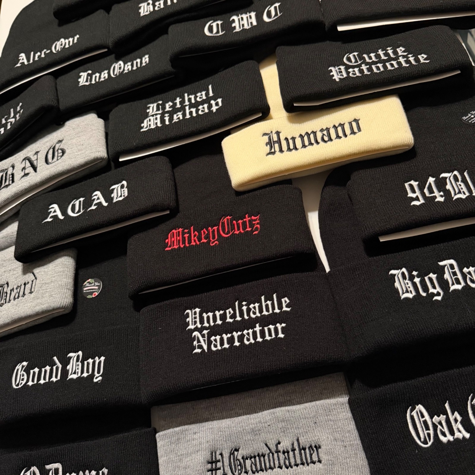 Beanie Embroidered Custom Your Text old English – Stitched your text – gift