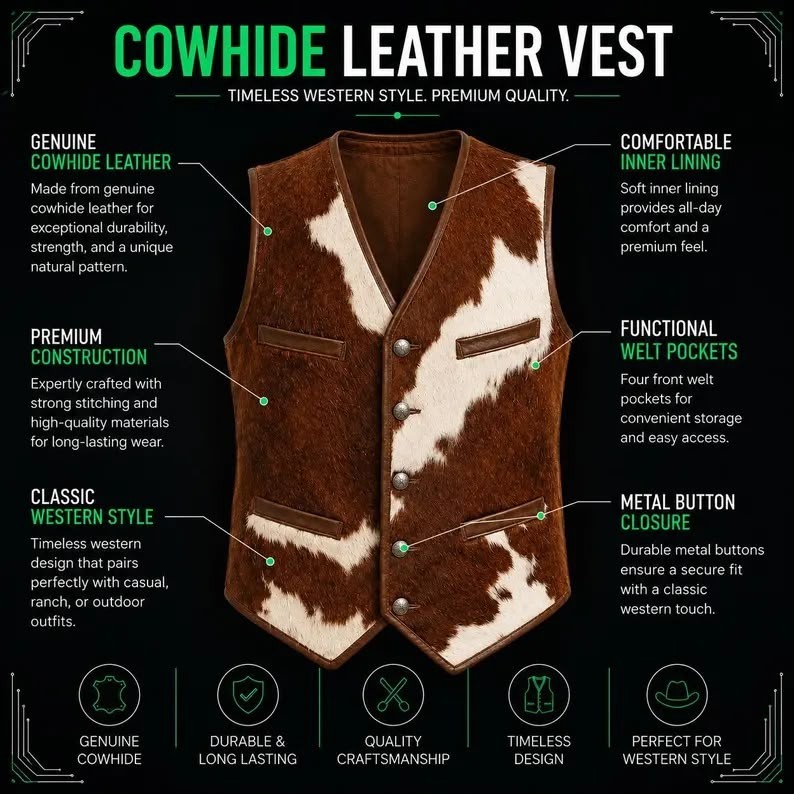 Cowhide Leather Vest Men’s Brown White Vintage Rancher Western Style