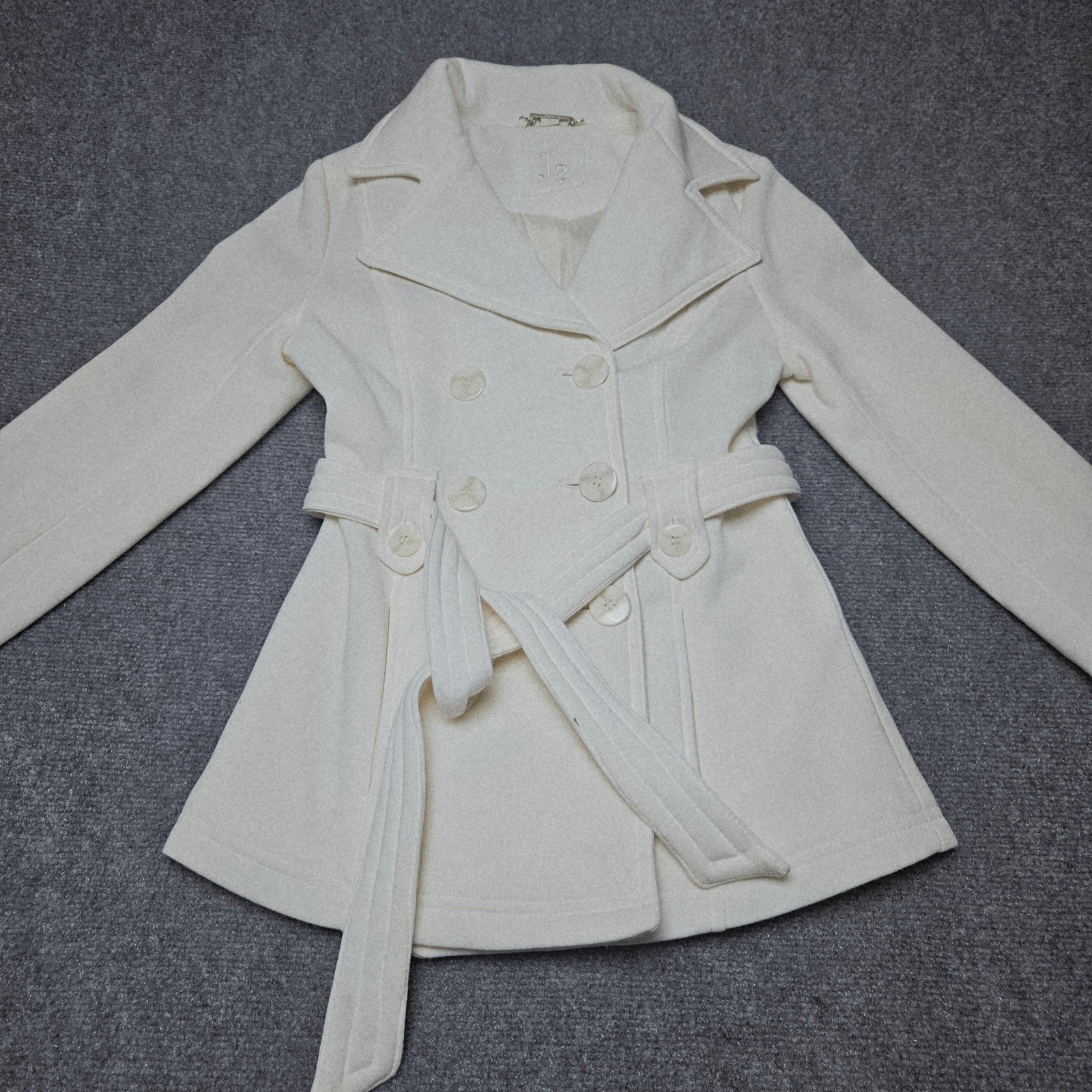 J2 Jou Jou Double Breasted Peacoat Small Beige Cream Belted Pockets Coat Jacket