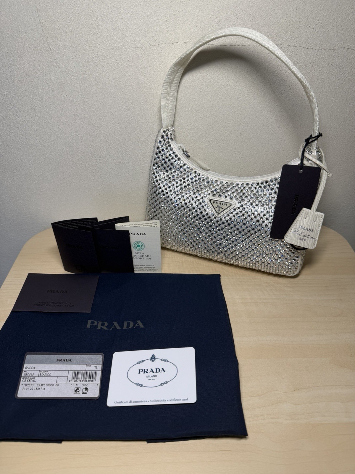 Prada Re-Edition 2000 bag Crystal Satin White NEW – FULL SET With certificate