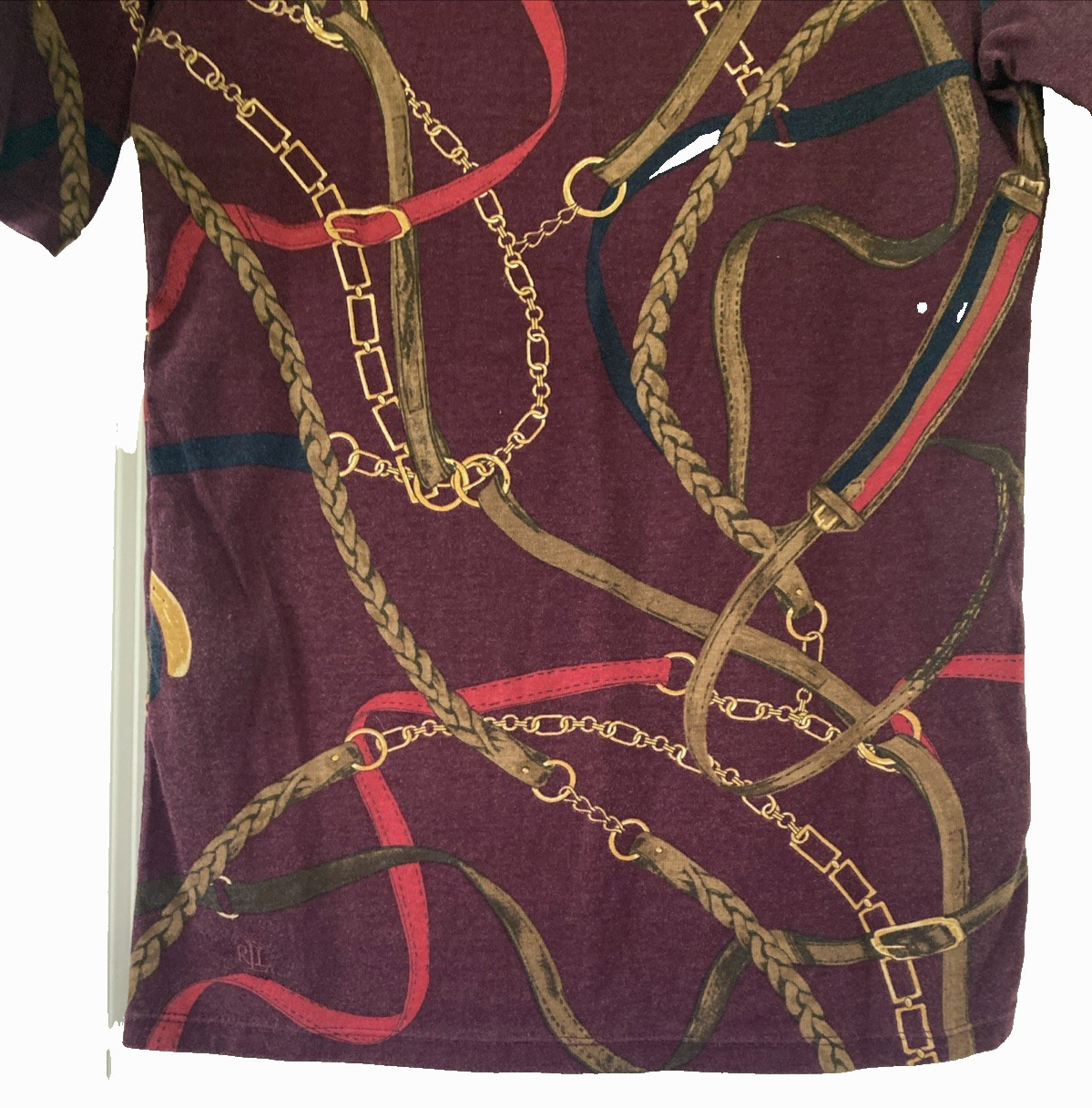 LAUREN RALPH LAUREN Equestrian Bridles Top Burgundy Cotton Stretch Knit Sz S