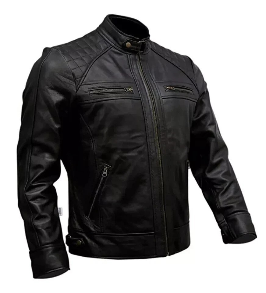 Men’s Genuine Leather Café Racer Biker Jacket Black Motorcycle Jacket Moto Style