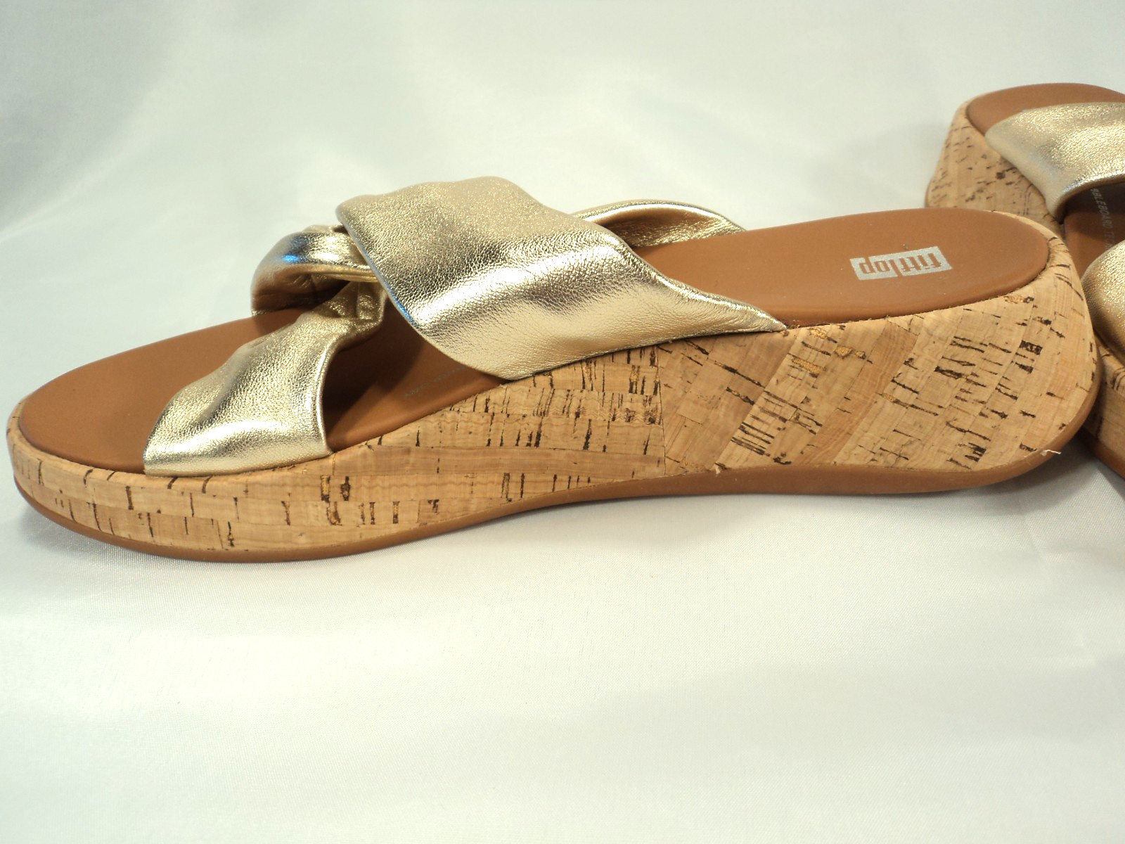 FitFlop F-Mode Leather-Twist Flatform Slides-Cork Wrap in Gold Sz 10 NWOB