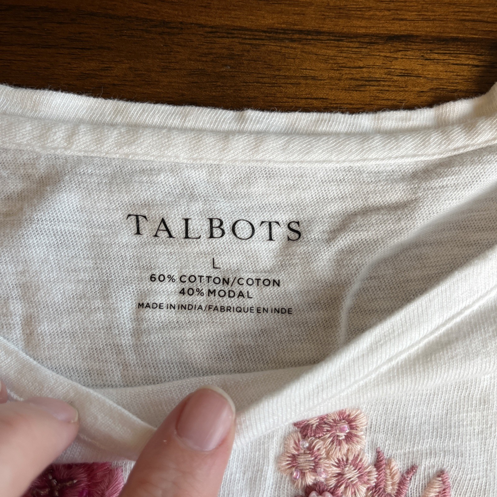 Talbots Large Navy White Stripe Top Embroidered Beaded Flowers Coastal Garden