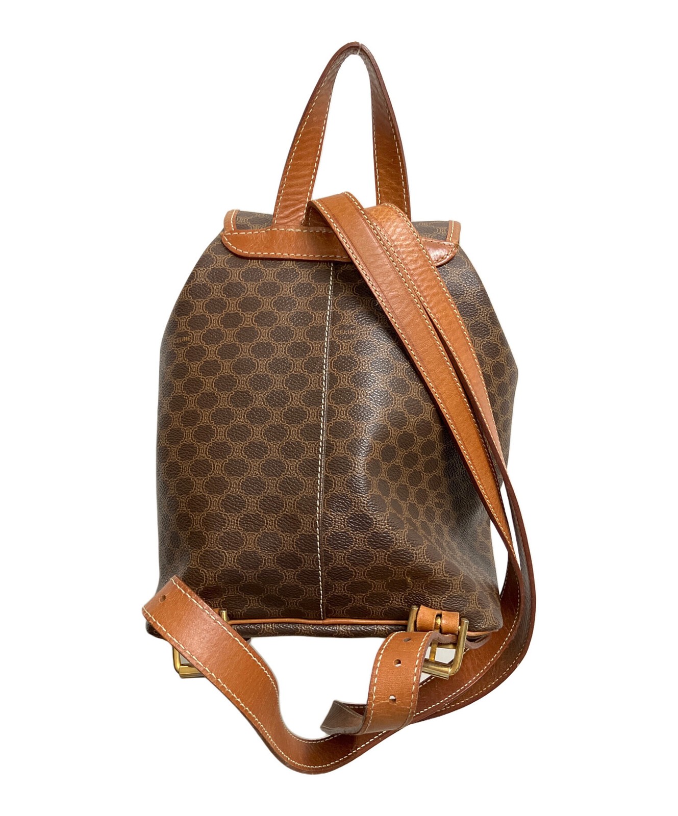 Celine Macadam Brown Backpack Womens Medium Leather PVC Gold Italy E06