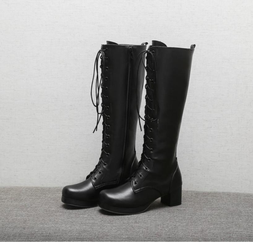 Women’s Faux Leather Mid Calf Boots Chunky Heels Shoes Lolita Zip Lace Up Knight