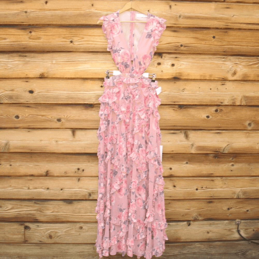 NWT Mac Duggal 9152 RUFFLED CUT OUT CAP SLEEVE V NECK GOWN Rose Size 4