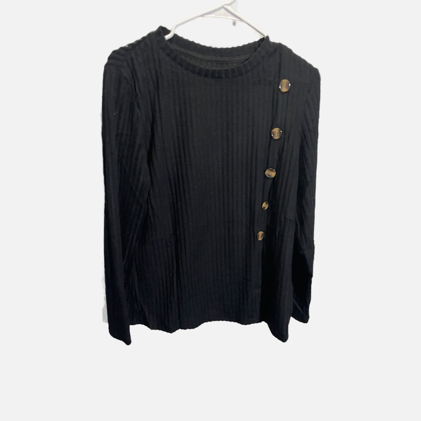 Womens Black Ribbed Knit Long Sleeve Top Asymmetrical Button Accent Size Large