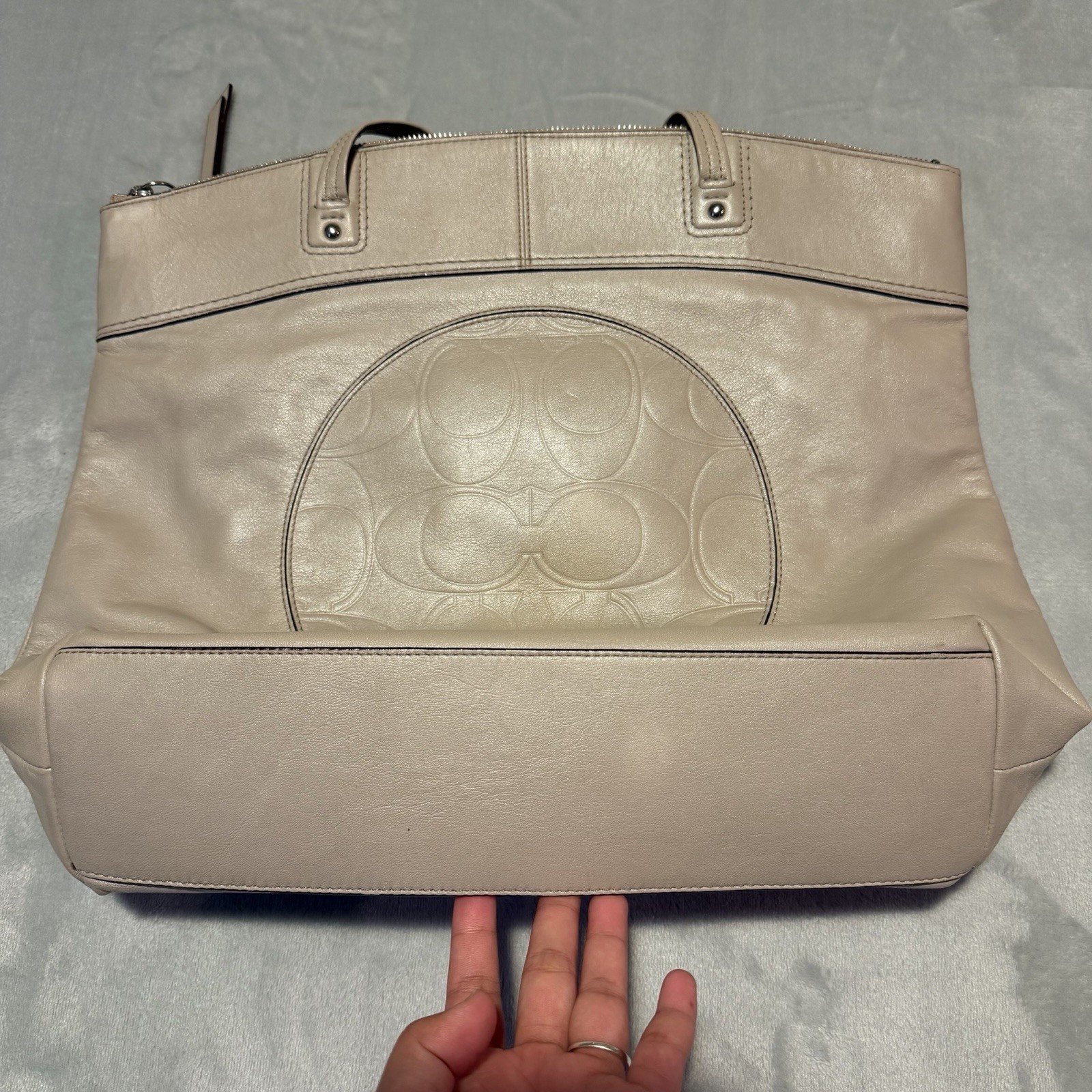 Coach Laura Signature Embossed Leather Tote Bag Taupe Gray Purse Handbag F18336
