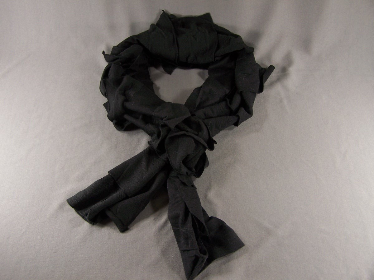 Black jersey knit fabric 72″ extra long ruffled scarf 8″ wide layered ruffles
