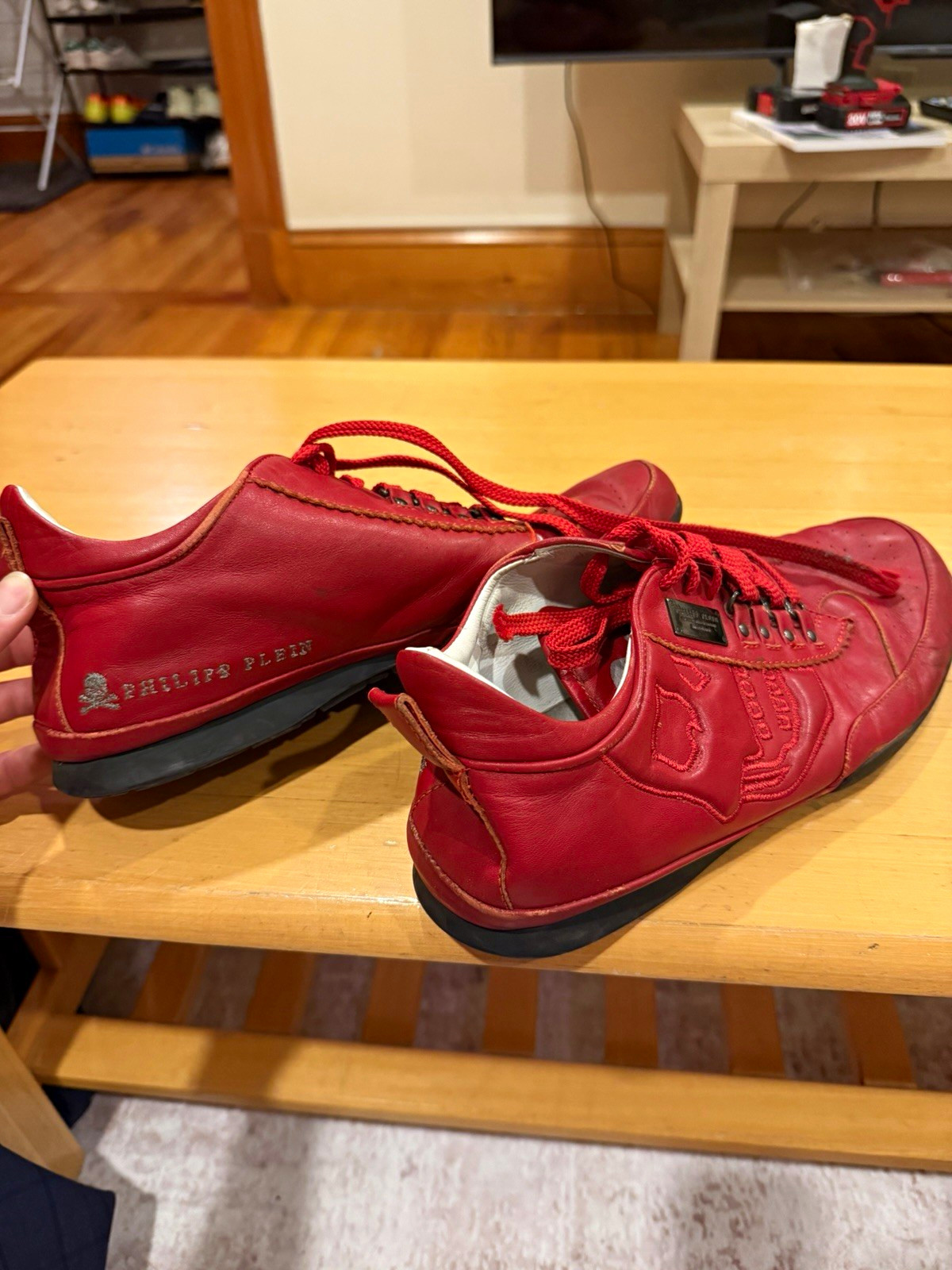 Philipp Plein Men’s Red Leather Low Top Lace-Up Sneakers Rubber Sole