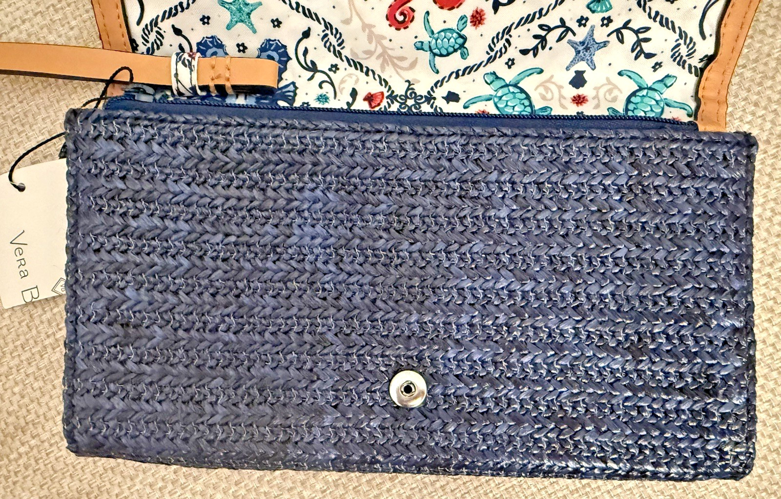 Vera Bradley Straw Wristlet Clutch Navy Blue Pink Star Fish Tropical Embroidered