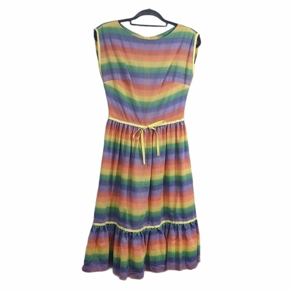 Vintage Pat Pnemo Rainbow Ribbon Ruffle Dress