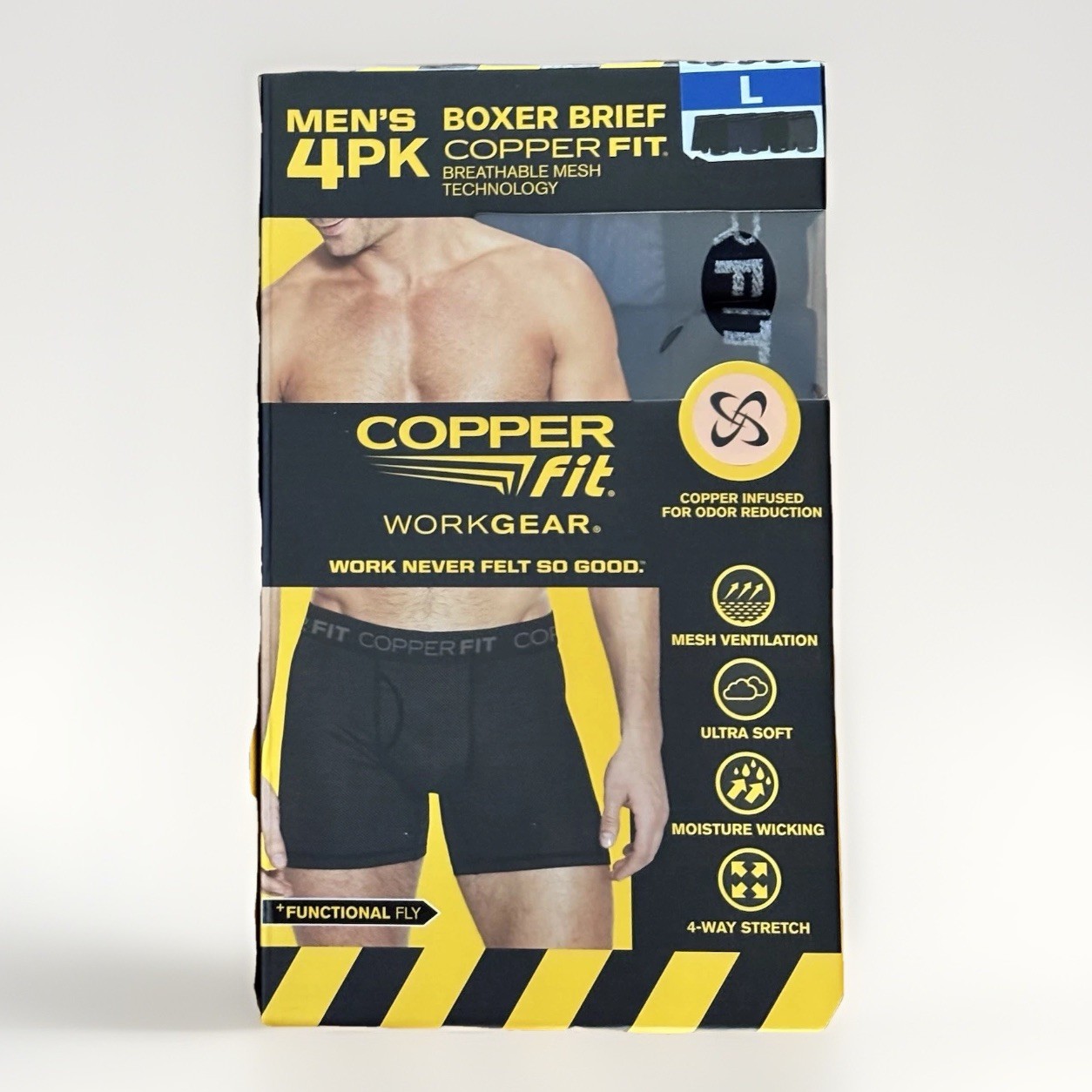 Copper Fit Mens Large Workgear Performance 4 Pack Boxer Briefs Copper Infused