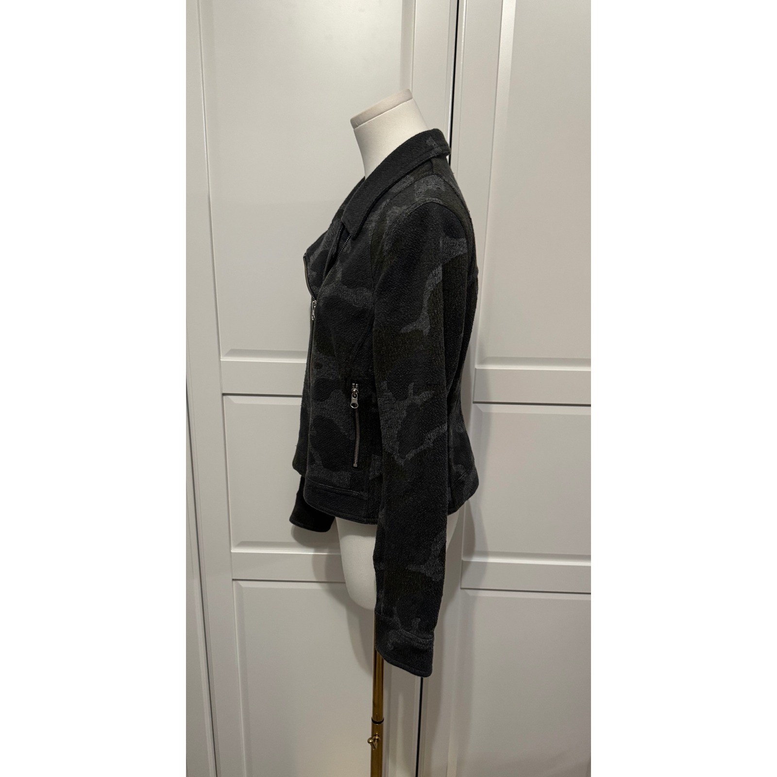 Anthropologie Robin Camo Moto Jacket Women Medium Green Grey Knit Asymmetric Zip