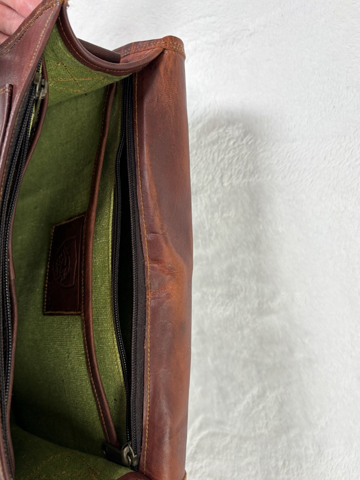 Brown Leather Solid Crossbody Saddle Bag Brass Hardware Buckle/Snap Green Lined
