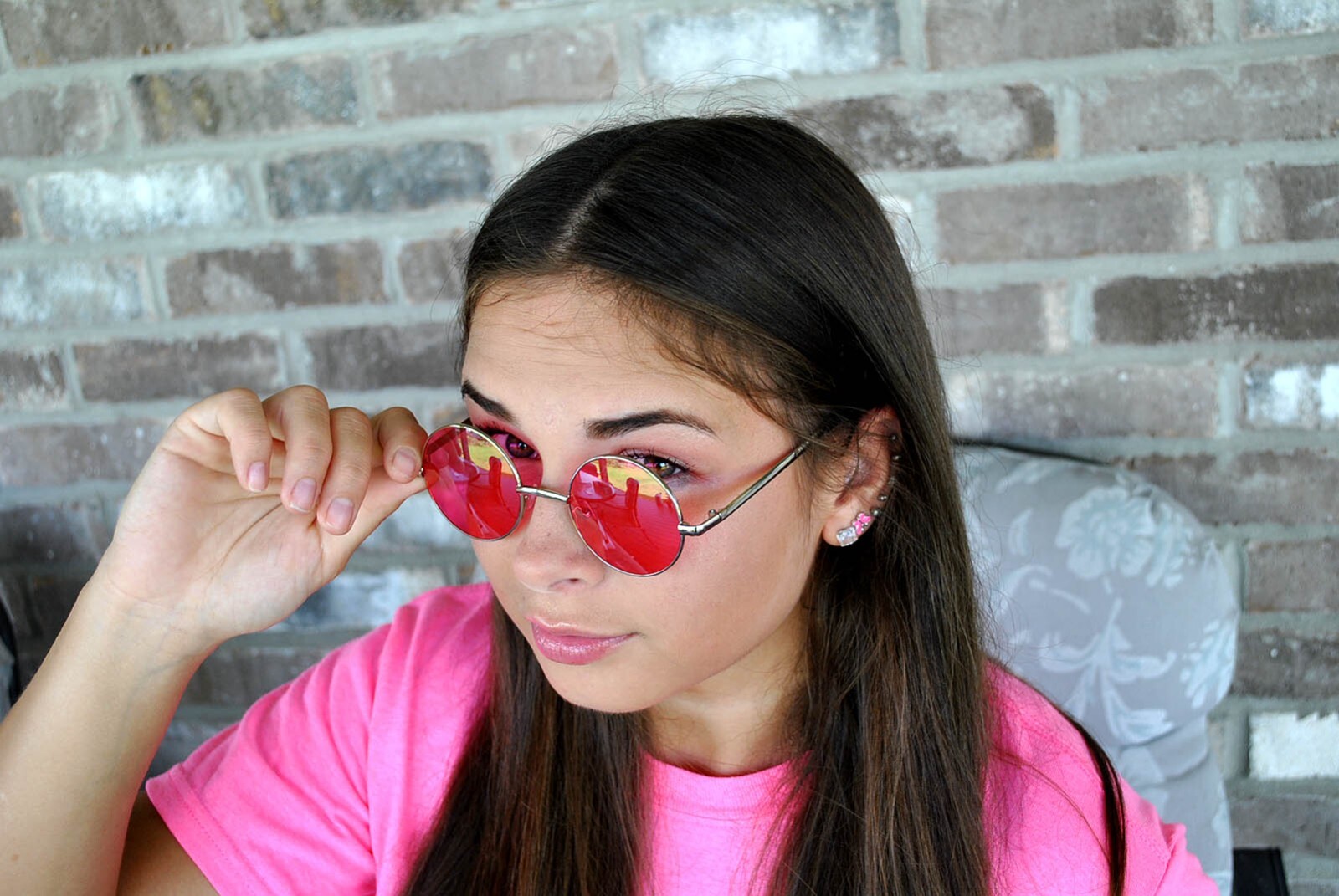 ROUND SUNGLASSES RED SMALL LENS 43 mm SILVER METAL FRAME ONE PAIR FOR HALLOWEEN