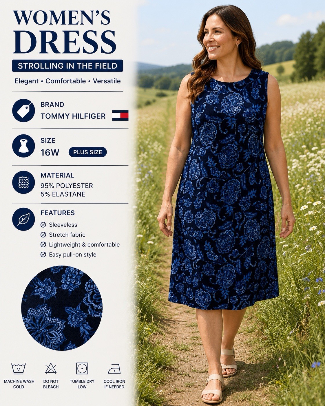 Tommy Hilfiger Women’s 16W Blue Floral Sleeveless Shift Dress Plus Size