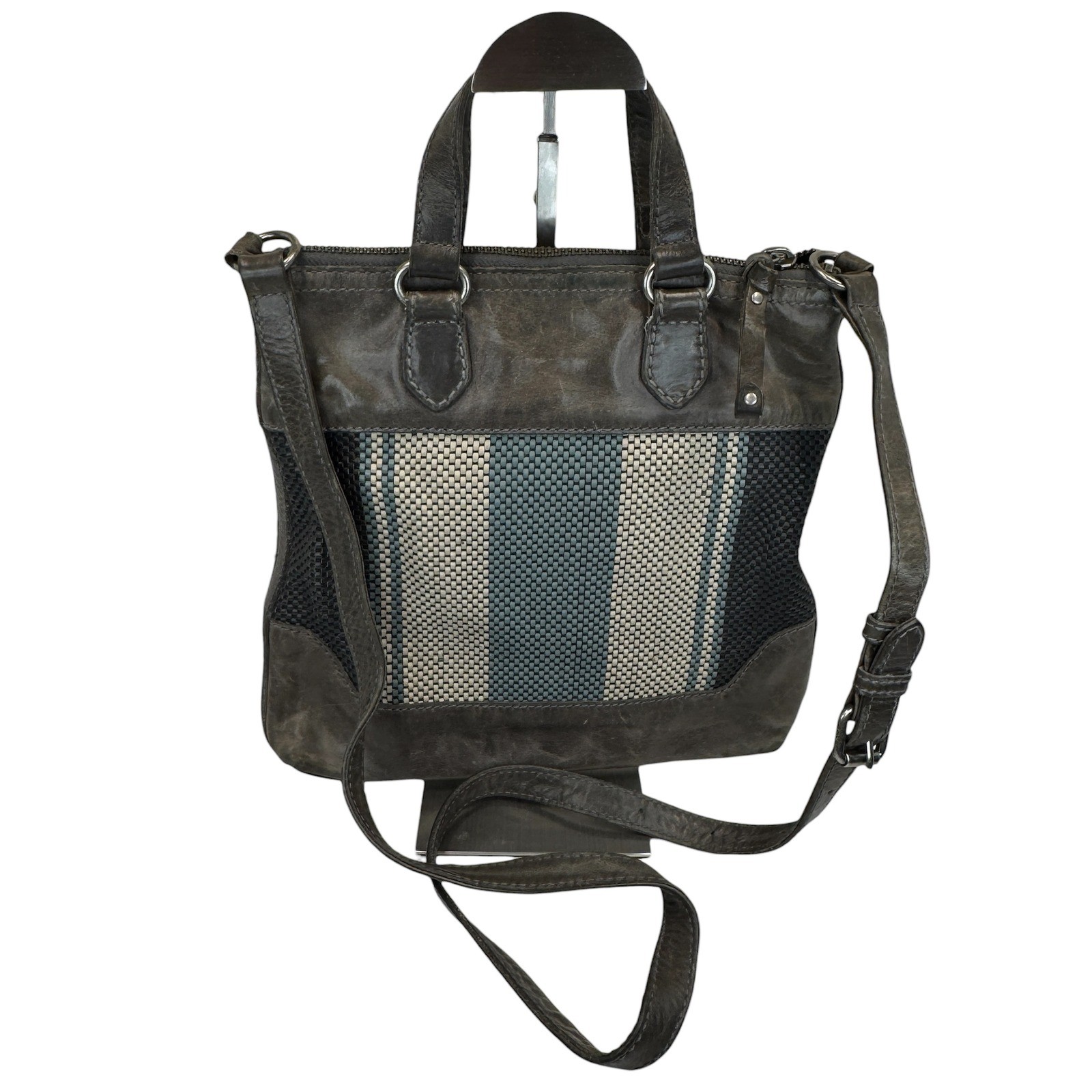 Frye Melissa Striped Crossbody Satchel Grey Leather Woven Bag Tassel Charm