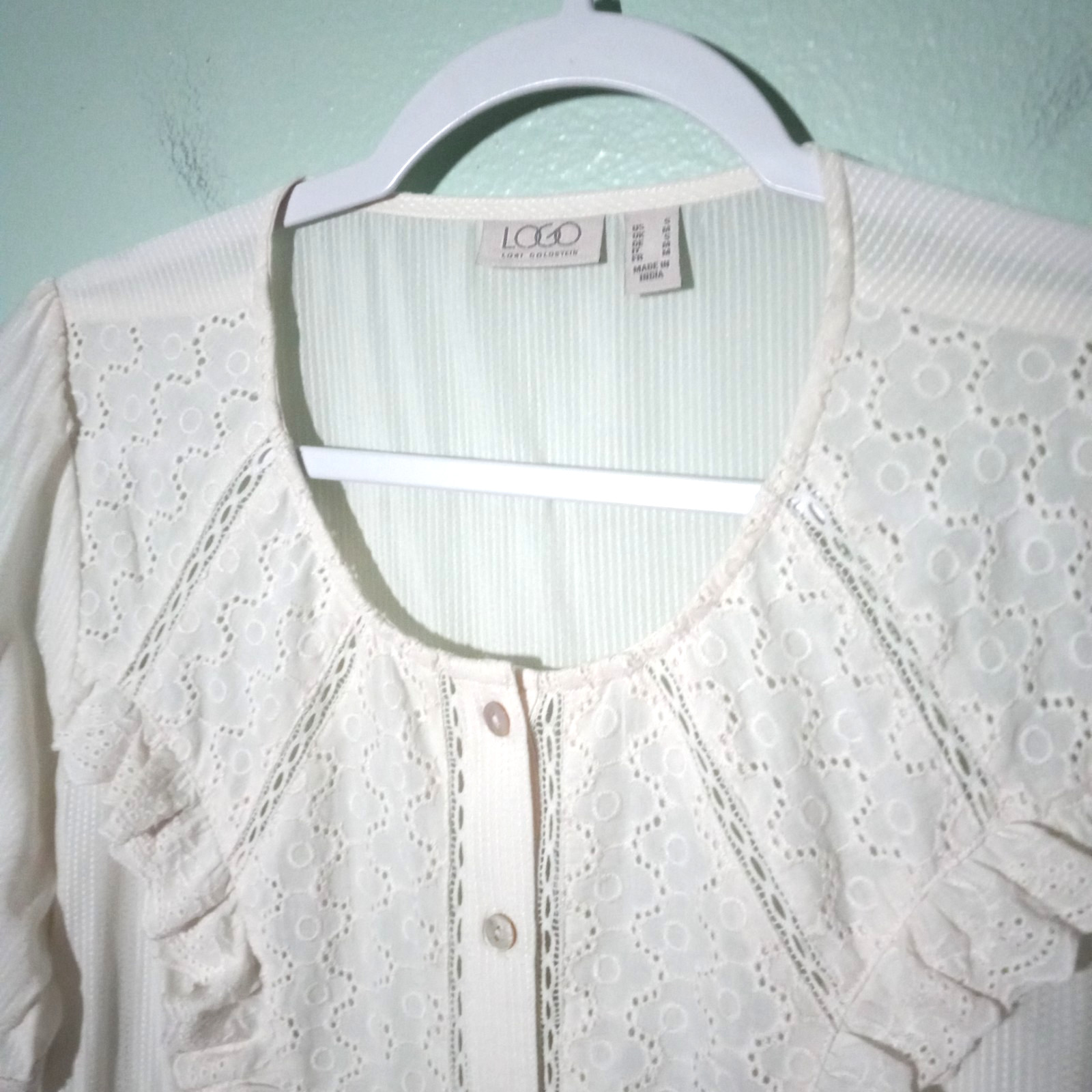 LOGO by Lori Goldstein Top Blouse size Small, Ivory Lace Eyelet Sheer Ruffle