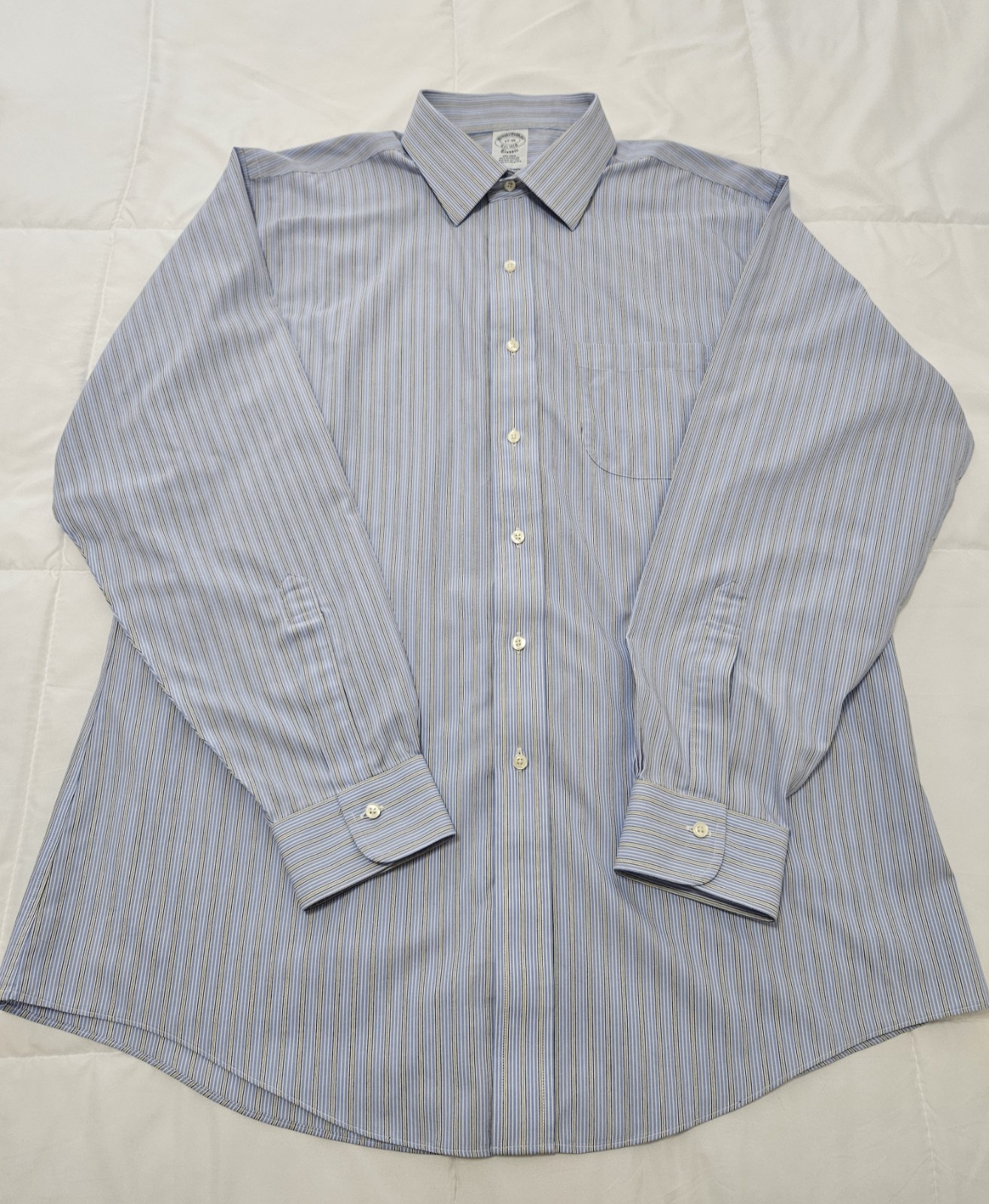 Brooks Brothers Non-Iron Classic Fit Blue/White/Tan Striped Cotton Shirt 17-35